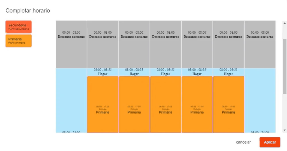 Horario semanal en el iRiS Dashboard con tramos de descanso nocturno, hogar y colegio con filtro moderado