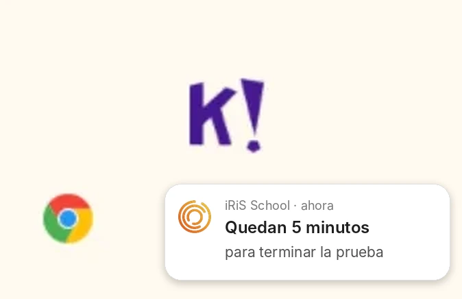 Notificación de iRiS en el Chromebook del alumno: quedan 5 minutos para terminar la prueba