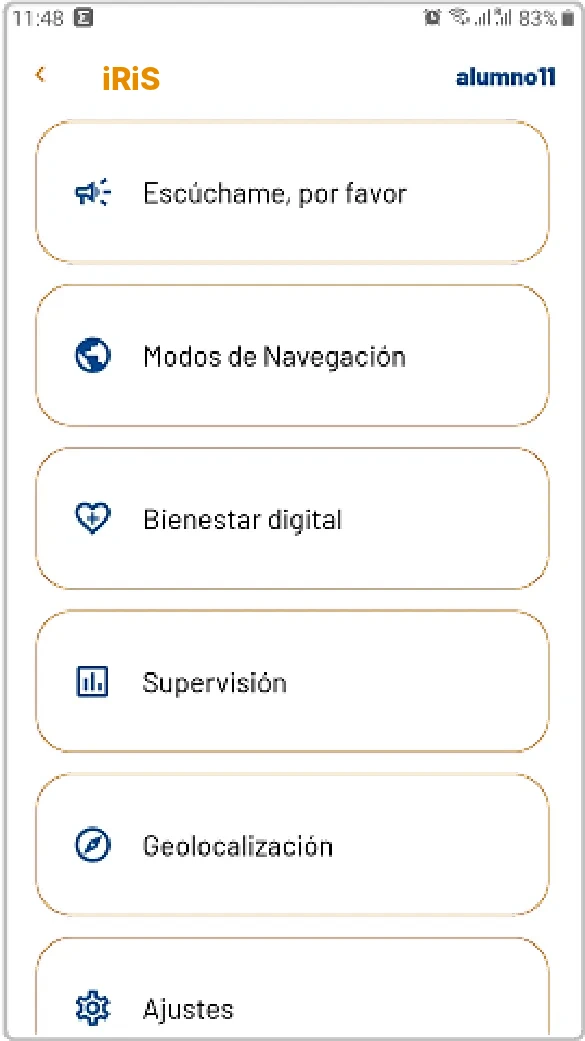 Menú de la app iRiS Parental Interaction