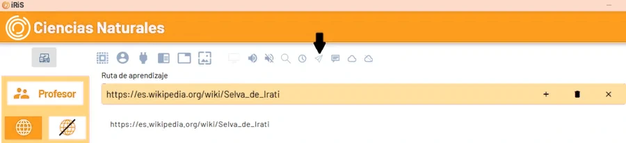 Barra de iRiS Teacher con la ruta de aprendizaje y el botón para desactivar la navegación